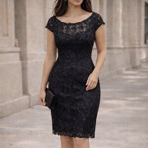 Vintage 90s Black Lace Dress | Size 8 | Knee Length Body Con | Sheer